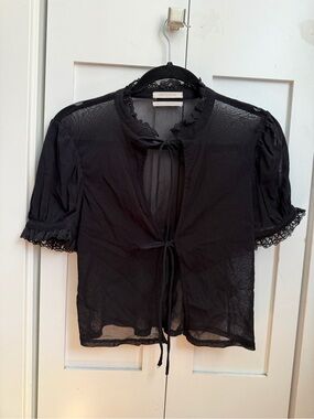 Urban Outfitters Black Sheer Lace-Trim Tie-Front Blouse